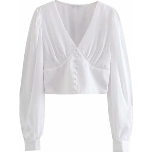 ZA Fashion 2021 Spring New Arriva Women Solid Short Shirt V-Neck Lantern Sleeve Crop Tank Tops Ladies Tshirt Mujer Tops