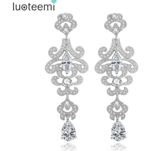 LUOTEEMI White Gold-Color Quality Luxurious Romantic Cubic Zirconia Bridal Long Chandelier Earrings For Women Brincos Jewelry