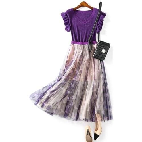 2019 New Summer Fashion Womens Sets Ruffles Sleeve Knitting Tops+ultra Long Elegant Floral Gauze Skirts Female Goddess Suits