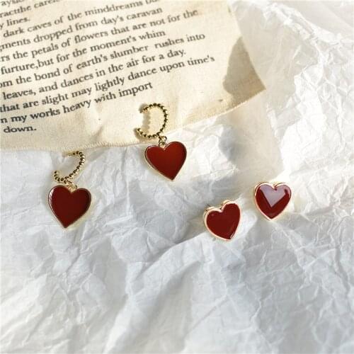 Wine Red Heart Earrings for women Vintage Stud Earrings Dripping Oil Retro Korean Brincos Wedding Party Fashion Jewelry
