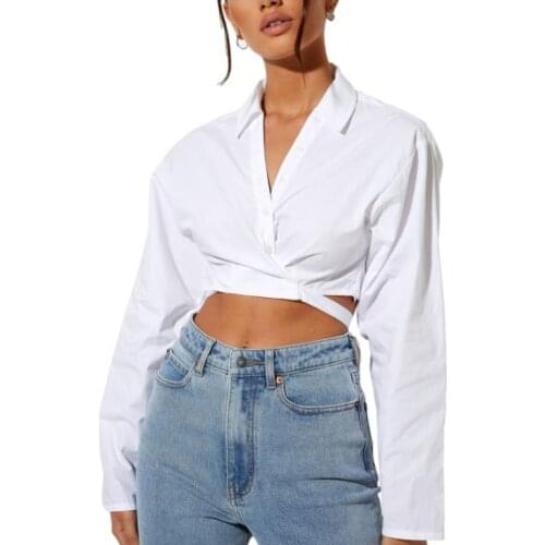 Women’s Casual Long Sleeve Cardigan Fashion Solid Color Lapel Bandage Exposed Navel Shirt