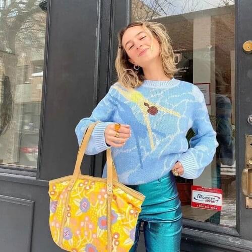 Foridol People Print Vintage Oversized Pullovers Femme Casual Knitted Blue Sweater Tops 2021 O Neck Jumper Autumn Winter Sweater