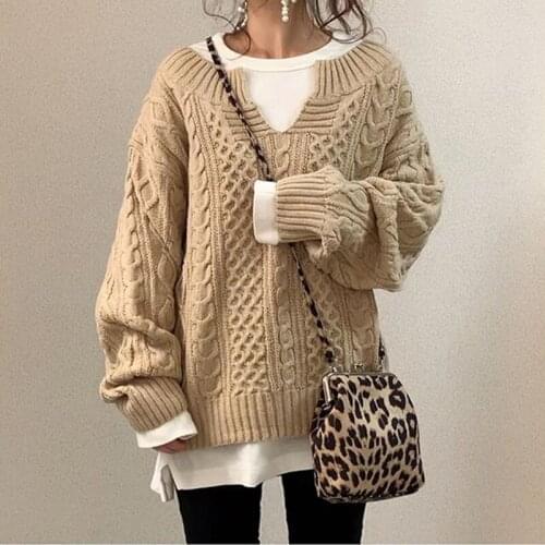 Spring And Autumn Twist Pattern Sweater Pullover Women 2021 Loose Casual V-Neck Long-Sleeved Lazy Style Ladies Knitted Jumper