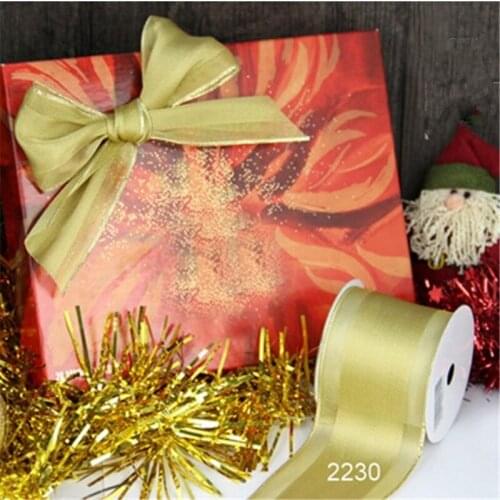 Free Shipping 25yards roll gold metallic organza edged satin gift box wrapping wired edge ribbon