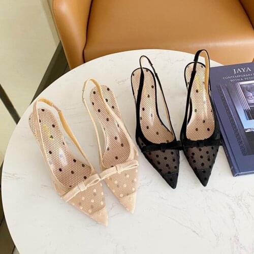 2021 New Summer Pumps Pointed Toe Mesh Polka Dot Slingbacks Sandals Female Elastic Band High Heels Women Shoes Butterfly-knot