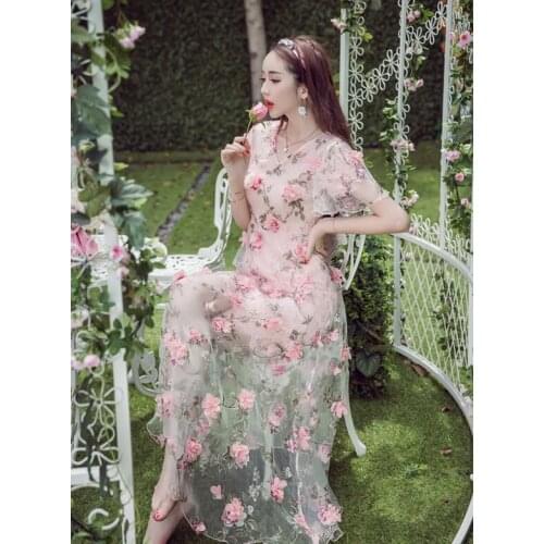 Free Shipping High Quality Sweet Hot Sale V Collar Flower Decorated Flare Sleeve Woman Ou Gensha Long Dress