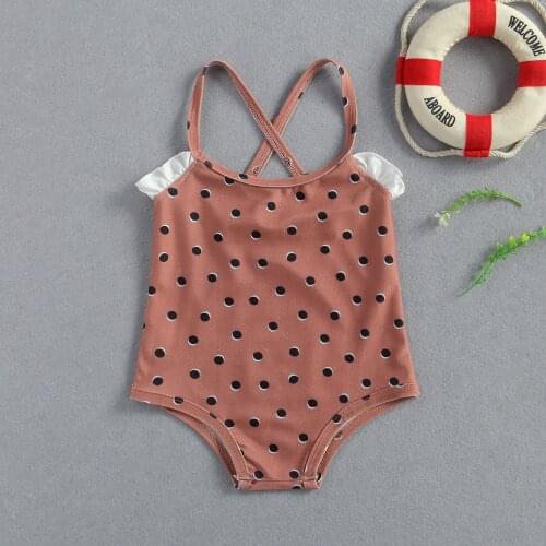 Summer Baby Girls Wave Dot Print One-piece Swimwear Sleeveless Cross Strap Triangle Sling Swimwear for Vacation/Seaside