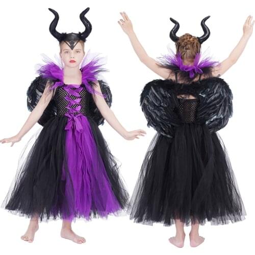 Kids Maleficent Gown Dress Black Devil Tutu Costume Halloween Girls Fancy Tutu Dress with Feather Shawl Royal Dark Queen Clothes