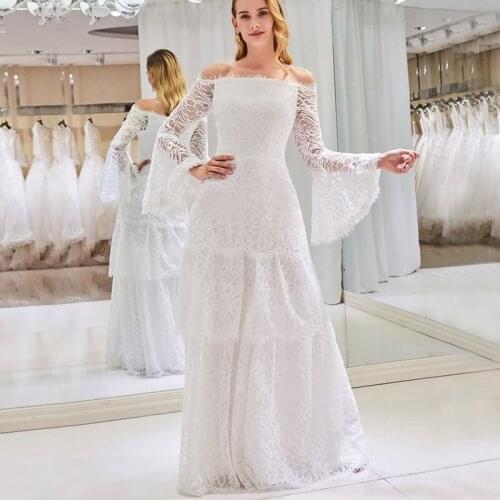 Long Lace Tempting Women Wedding Dresses 2020 Newest Flare Sleeve A Line Bridal Gown Dubai Arabic Boat Neck Bride Dress Vestidos