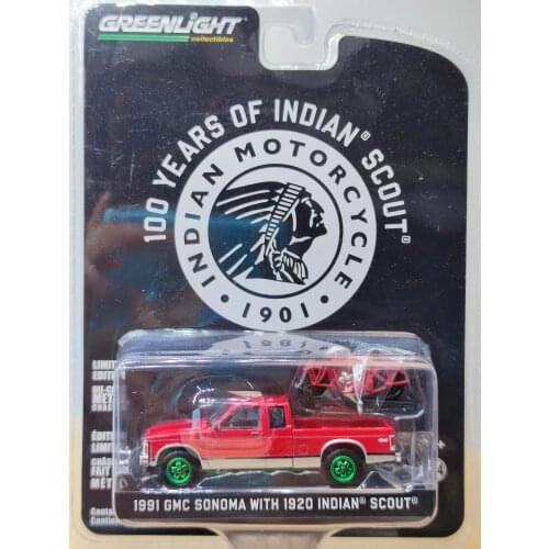1/64 GreenLight 1991GMC Sonoma & Indian scout 100 years motorcycle green edition 1920 Collection of die-cast alloy car models