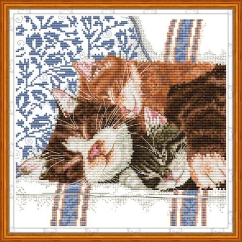 Stamped Cross Stitch Kit Joy Sunday Needlework Embroidery Counted 11CT 14CT Printed Intimate Cat Family Patterns Home Decoration