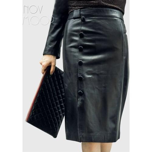 Novmoop high street fashion style black color sheepskin genuine leather mid-length hip skirt with button decor spodnica LT2982