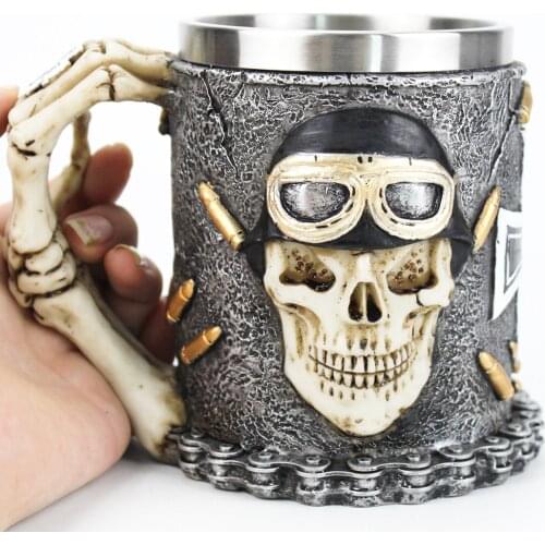 Punk and Gothic Biker Skull Mug Iron Cross Skull Tankard 304 stainless steel Inner Tea Coffee Beer Mugs BEST Birthday Gift 400ml