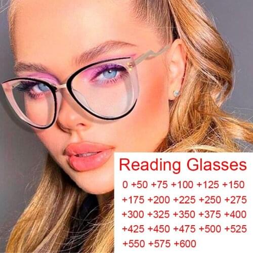 Fashion Reading Glasses Women Brand Designer Curved Temple Cat Eye Eyeglasses Frame Computer Blue Light Blocking Glasses 2021