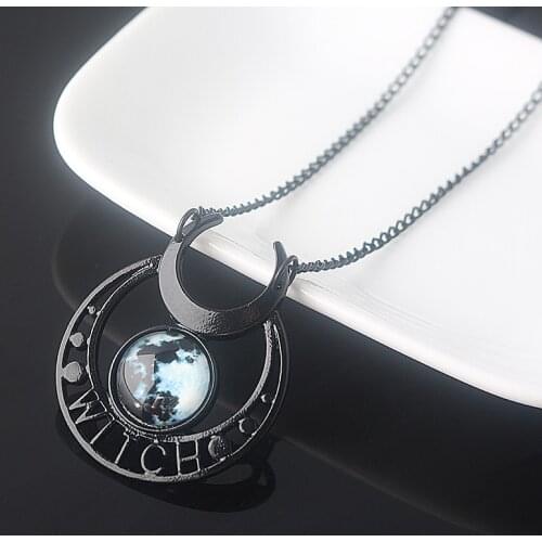 Witch Black Moon Pendant Necklace Triple Moon Goddess Blue Stone Necklaces For Women Men Cosplay Jewelry