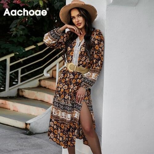 Aachoae Bohemian Floral Print Dresses For Women V Neck Side Split Beach Dress Lantern Sleeve Stylish Midi Sundress Without Belt