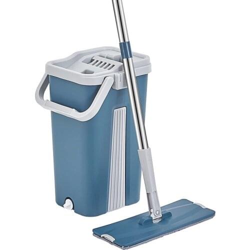 Flat Squeeze Mop and Bucket Hand-Free Wringing Microfiber Floor Cleaning Mop Wet/Dry Usage 360° Roatation Lazy Mop