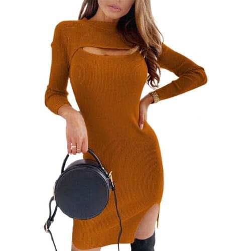 Sexy Women Dress Autumn Slim Solid Color Bodycon Dress Slit Hollow Out O Neck Sheath Dress for Club Casual Office Ladies Vestido