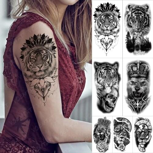 Waterproof Temporarytattoo Sticker Tiger Lotus Mandala Flash Tattoos Tiger Lion Crown Skull King Body Art Arm Fake Tatoo Women M