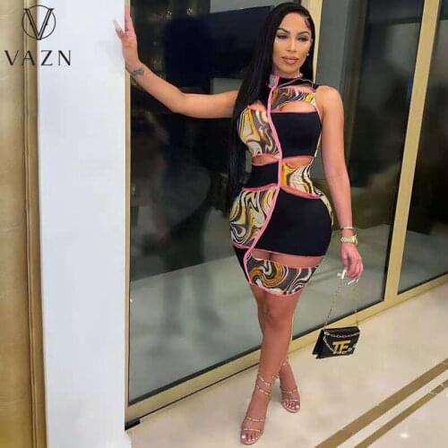VAZN Top Quality Sexy Club Birthday 2021 Sexy O-neck Party Cocktail Short Dress Women Elegant Fashion Slim Dress
