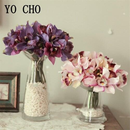 YO CHO Artificial Flower Silk Orchid Mini Bouquet 7 Heads Fake Butterfly Orchid Flower Girl Cymbidium Home Party Wedding Decor