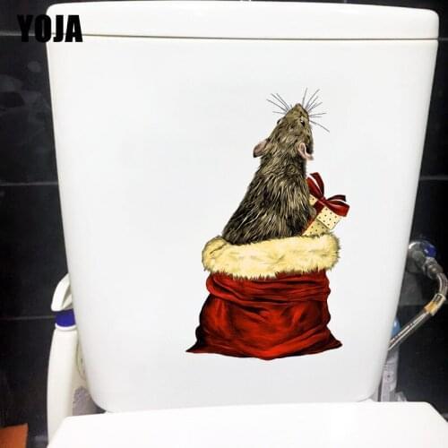 YOJA 14.1×23.5CM Mouse In Gift Bag Wall Decor Home Accessories Funny Cartoon WC Toilet Stickers T1-2877