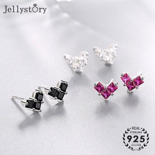 Jellystory Fashion Heart-shape Zircon 925 Sterling Silver Stud Earring for Women Fine Jewelry Wedding Gift white black red color