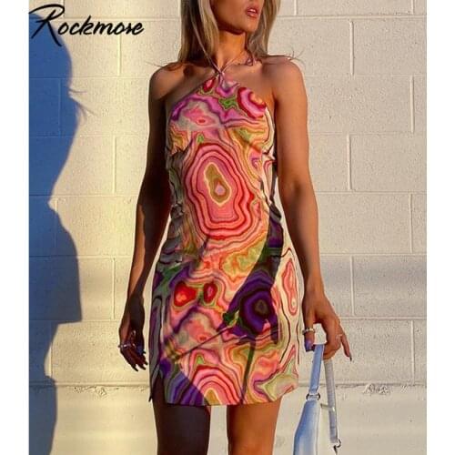 Rockmore Multicolor Printed Halter Dress Women Sexy Mini Short Dress Summer Y2K Vintage Backless Slim Beach Party Sundress 2021