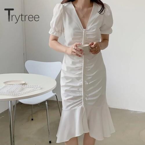 Trytree 2020 Summer Women Casual Dress V-neck Solid Ruffles Fashion Vintage Elegant Folds A-line 2 Color Temperament Dress