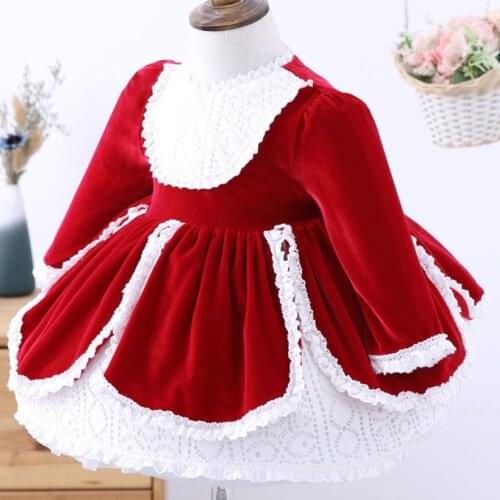 Autumn Winter Spanish Lolita Princess Velvet ball gown Dress Baby Girl Lace Stitching Birthday Party Christmas Easter