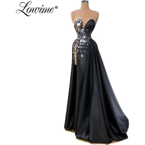 Saudi Arabia Black Evening Dress Beaded Long Prom Dresses 2020 Plus Size Dubai Party Dress High Split Side African Dress Vestido