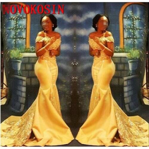 Elegant African Mermaid Prom Dresses Long 2019 Formal Off Shoulder Luxury Beading Crystal Satin Arabic Trumpet Evening Gown