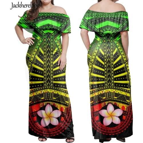 Jackherelook Gradient Polynesian Tribal Samoa Hibiscus Print Hawaiian Clothes Women Summer Off Shoulder Maxi Dress Vestido Mujer