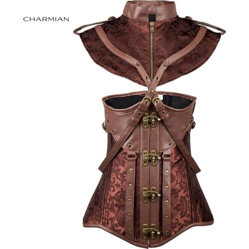 Charmian Retro Brown Steampunk Corsets Women Waist Control Underbust Corset with Shrug Sexy Steel Boned Slim Corset and Bustiers