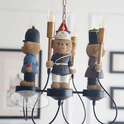 British teddy bear chandelier childrens lamp boys and girls bedroom American creative cartoon doll LED resin chandelier