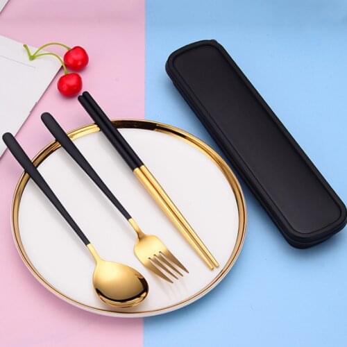 3pcs Set Spoon Fork Chopsticks Set with Storage Box Stainless Steel Coffee Snacks Fruit Dessert Fork Spoon Kitchen Teaspoon Set