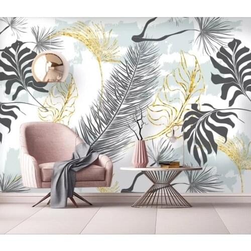 Nordic simple tropical pure white and gold hand-painted mural banana leaf living room bedroom background 3D wallpaper Waterproof