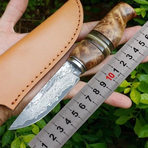 High hardness Handmade Damascus steel Hunting Knife Camping Survival Knife Wooden handle Fixed Blade Tactical Knife