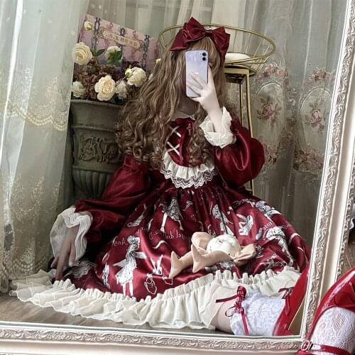 Princess tea party sweet lolita dress retro lace bowknot soft girl cute printing victorian dress kawaii girl gothic lolita op