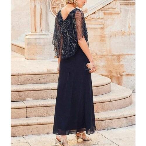 2020 Chiffon Sequin Elegant Dark Navy V Neck Mother Of The Bride Dress A-Line Robe Mere De La Mariee