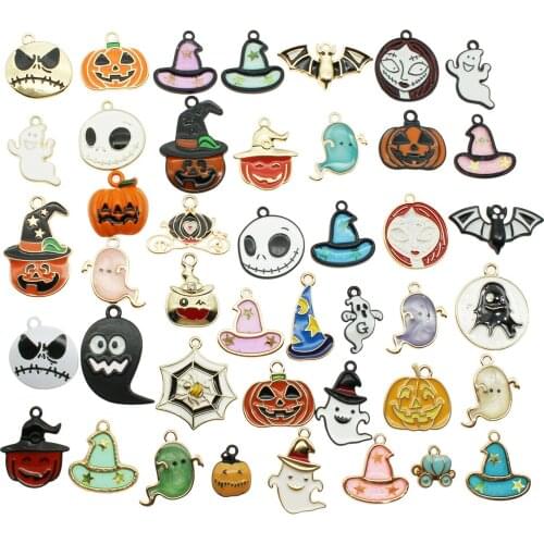 10pcs Mixed Halloween Series Drip Oil Jewelry Funny Cartoon Ghost Pumpkin Head Metal Alloy DIY Anklet Choker Jewelry Gift