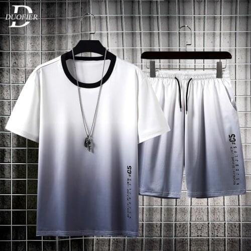 New Fashion Men Sets Tracksuit Casual Summer Mens Short Sleeve Gradient TShirt+Shorts 2PC Set Loose Hip Hop Male Sportswear Suit