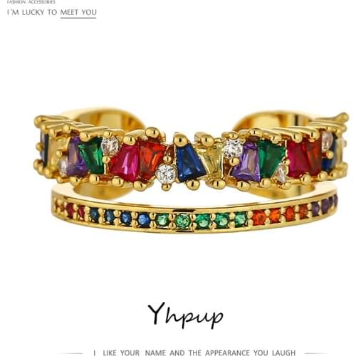 Yhpup 2021 Classic Crown Rainbow Charm Open Ring Colorful Zirconia Copper Gold Women Ring for Female Party Wedding Jewelry