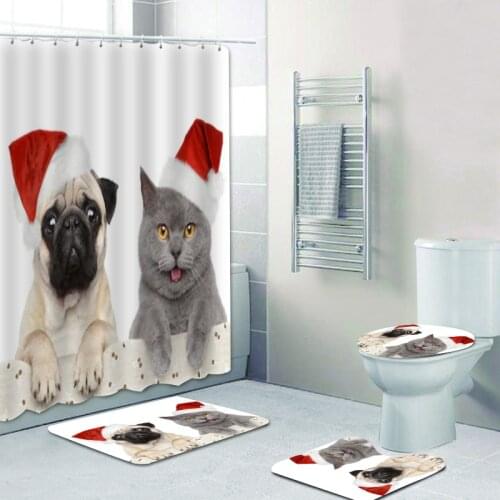 Funny 3D Pugdog Dog Christmas Cat in Santa Claus Hat Christmas Shower Curtain Bathroom Curtain Bath Rug Mat Holiday Home Decor