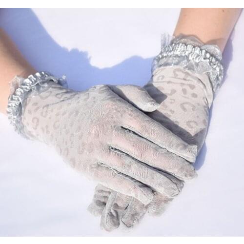 Women Summer Mesh Fishnet Leopard Short Gloves Shiny Ruffles Trim Wrist Length Anti-UV Sunscreen Driving Wedding Mittens