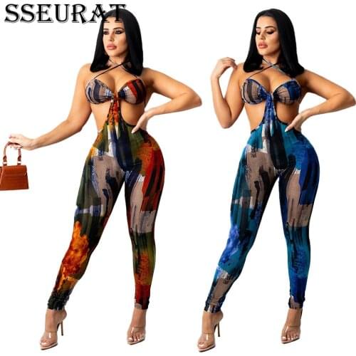 SSEURAT Women Jumpsuit Print Sleeveless Strap Hollow Out Stretchy Bodycon Pencil Jumpsuits Sexy Fashion Streetwear Summer