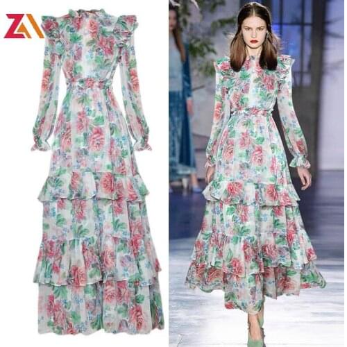 ZALady designer runway beach Bohemia party evening maxi dresses for women traf zevity floral ruffles elegant long sleeve dress