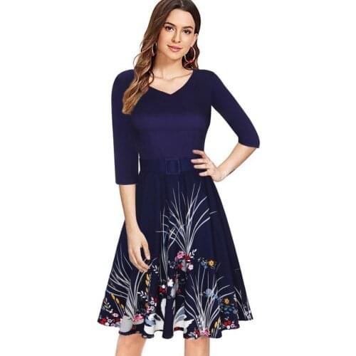 Spring New Style Womens V-neck Mandarin Duck Print Dress Retro Swing Temperament Dress Short Sleeve Dress