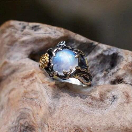 Vintage Moonstone Ring For Women Black Jewelry Gold Flower Finger Ring Female Charming Jewelry Gift Wedding Statement Ring