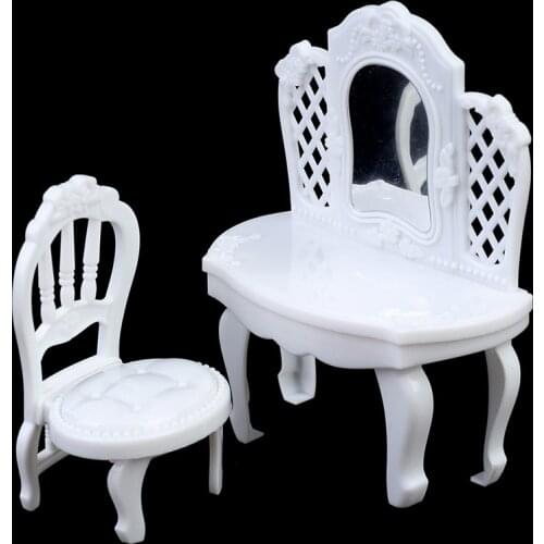 2Pcs/set 1:12 Dollhouse Miniature Bedroom Furniture Mirror Dressing Table+Chair Mini Model For Dollhouse Decoration